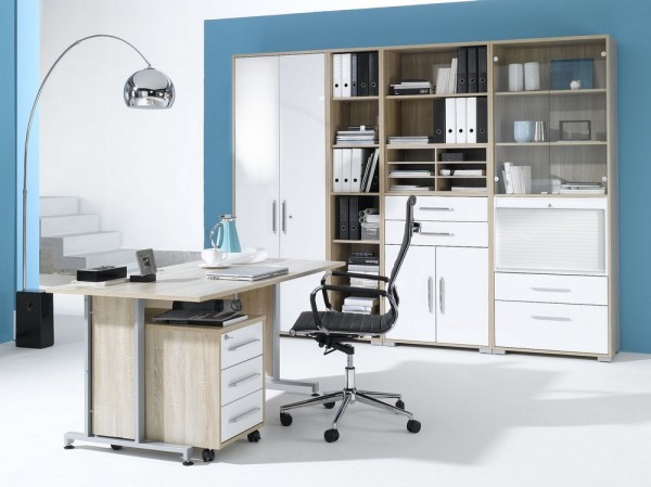 Büromöbel Komplettset - weiß Hochglanz - Eiche Sonoma-2130101_10-1
